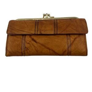 Vintage DeLido Top-Grain Leather Brown Clutch Wallet Kiss Lock & Snap Closure